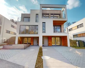Moderne Reihenhäuser mit weißer Fassade, Holzverkleidung und gepflasterten Zufahrten unter blauem Himmel.