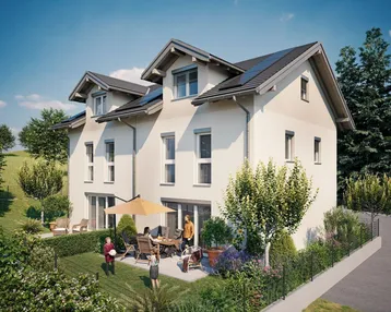 Moderne Doppelhaushälfte mit Garten, Terrasse und spielenden Kindern in grüner Umgebung.