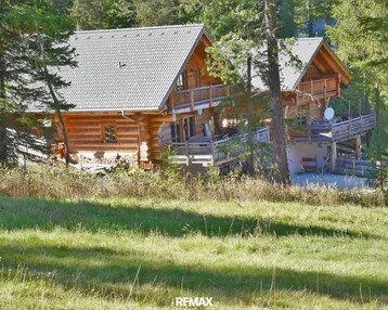 Rustikales Holzhaus im Blockhausstil, umgeben von Bäumen und einer grünen Wiese.