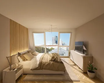 Helles Schlafzimmer mit Holzboden, moderner Einrichtung und Blick auf die Stadt.