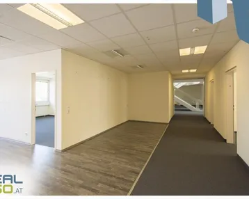 Langer Bürogang mit Teppichboden und Holzbodenabschnitt, der zu verschiedenen Büroräumen führt.