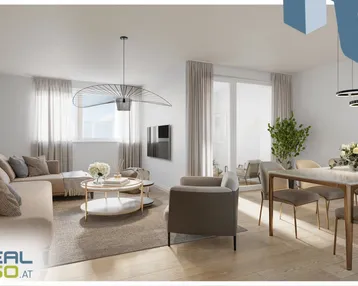 Helles, offenes Wohn-Esszimmer mit modernem Design, Parkettboden und Zugang zu einem Balkon.