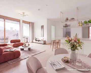 Heller, offener Wohn- und Essbereich mit moderner Einrichtung, Holzboden und Zugang zum Balkon.
