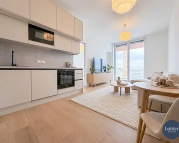Heller offener Wohn-Essbereich mit integrierter Küche, Holzboden und Zugang zum Balkon.