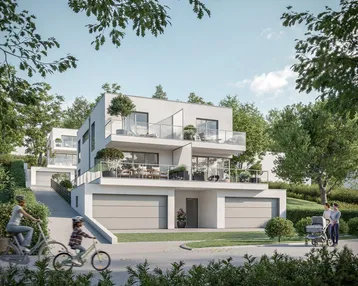 Moderne Doppelhaushälfte mit mehreren Terrassen, Garagen und umgebender Grünfläche.
