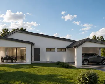 Moderne Einfamilienhaus-Visualisierung mit überdachter Terrasse und Carport im Grünen.
