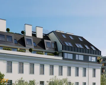 Moderne Dachgeschossarchitektur mit vielen Dachfenstern und begrünten Terrassenbereichen unter blauem Himmel.