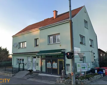 Gebäude mit hellgrüner Fassade und rotem Ziegeldach an einer Straßenecke mit Geschäft im Erdgeschoss.
