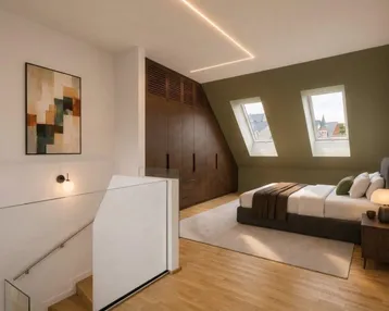 Modernes Schlafzimmer im Dachgeschoss mit Einbauschränken, Holzboden und Dachfenstern, hell und stilvoll eingerichtet.