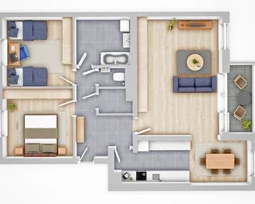 Moderner 3D-Grundriss einer Wohnung mit drei Schlafzimmern, offenem Wohnbereich und Balkon.