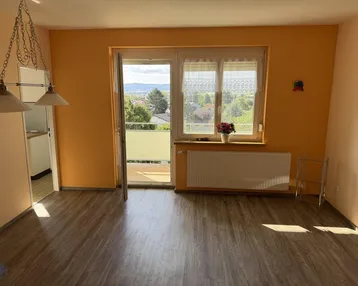 Helles Wohnzimmer mit Laminatboden, orangefarbenen Wänden und Zugang zum Balkon mit Weitblick.