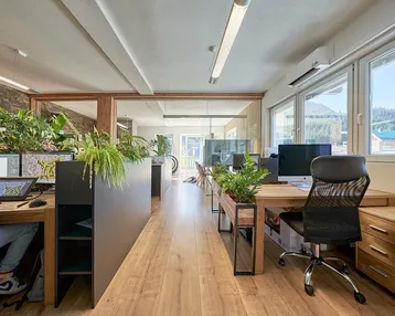 Helles und modernes Büro mit Holzböden, vielen Pflanzen und Blick auf die umliegende Natur.