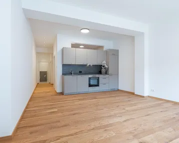 Heller Wohnbereich mit Holzboden und integrierter Küchenzeile in modernem Design.