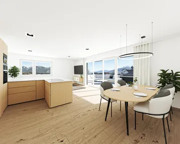 Offener Wohn-Essbereich mit moderner Holzküche, Esstisch und Bergblick durch große Fenster.