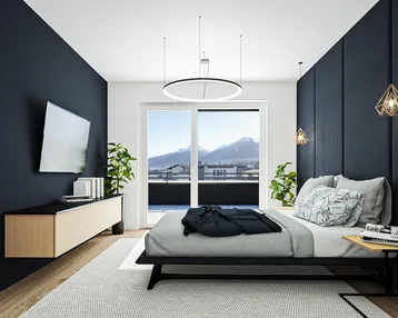 Modernes Schlafzimmer mit dunklen Wänden, Bergblick und Zugang zum Balkon.
