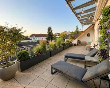 Geräumige Dachterrasse mit bequemen Liegestühlen, üppiger Bepflanzung und Blick über die Dächer.