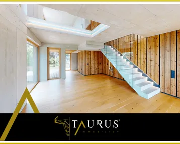 Geräumiger Wohnbereich mit Holzboden, Sichtbetonwänden und moderner Glas-Stahltreppe.