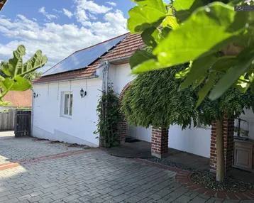 Weißes Haus mit Solaranlage auf dem Dach und gepflastertem Hof, umgeben von grünen Blättern.