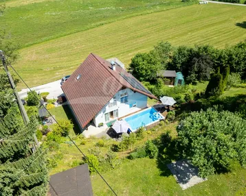 Luftaufnahme des Hauses mit Pool, umgeben von grünen Feldern und Bäumen.