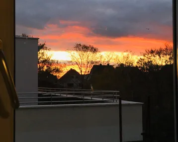 Malerischer Sonnenuntergang über den Dächern und Bäumen, gesehen durch ein Fenster.