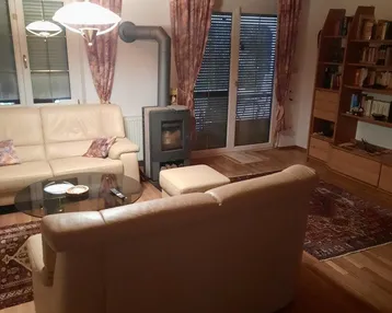 Gemütliches Wohnzimmer mit zwei Sofas, Kaminofen und einer Holzpaneeldecke.