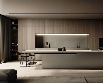 Moderne, minimalistische Küche mit Holzschränken, Kücheninsel und viel Tageslicht.