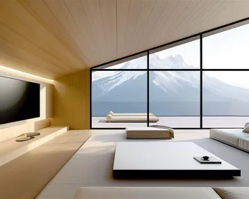 Modernes Wohnzimmer mit Holzakzenten, minimalistischen Möbeln und atemberaubendem Bergblick durch große Fenster.