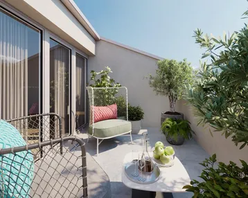 Helle Dachterrasse mit modernen Gartenmöbeln, Pflanzen und Blick ins Grüne.