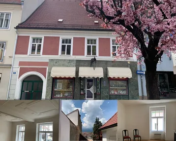 Collage zeigt die historische Fassade des Gebäudes, helle Innenräume mit Parkettboden und einen Balkon mit Blick auf die Dächer.