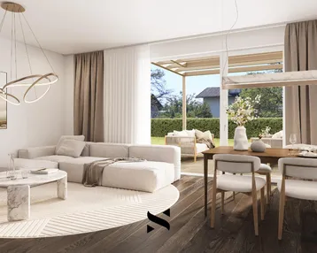 Modernes Wohn-Esszimmer mit dunklem Holzboden, heller Couch und Zugang zur Terrasse.
