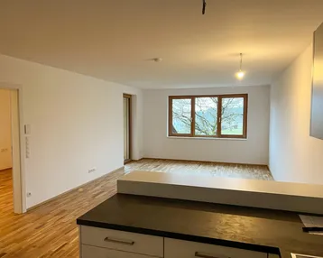Heller, offener Wohnbereich mit Parkettboden und Blick ins Grüne durch das Fenster.