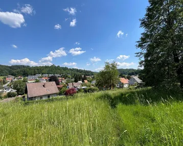 Panoramablick über eine grüne Wiese auf ein idyllisches Dorf mit Häusern und bewaldeten Hügeln unter blauem Himmel.