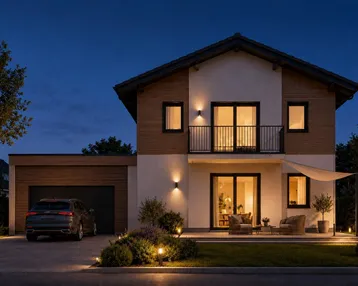 Modernes Einfamilienhaus bei Nacht mit beleuchteter Terrasse, Garage und gepflegtem Vorgarten.