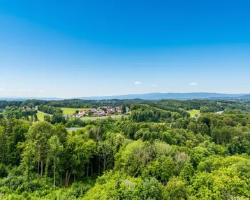 Weitläufige Landschaftsaufnahme mit Blick auf ein Dorf, umgeben von dichten Wäldern und sanften Hügeln.