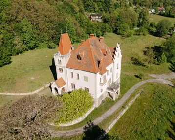 Luftaufnahme des historischen Anwesens mit weitläufigen Grünflächen und Wegen.