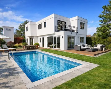Modernes weißes Haus mit Swimmingpool, Holzterrasse und Gartenmöbeln unter blauem Himmel.