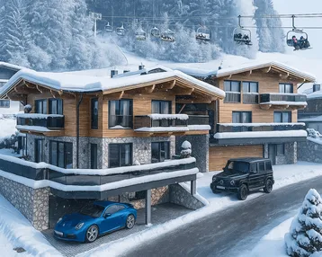 Moderne Chalet-Architektur in verschneiter Berglandschaft mit Skilift im Hintergrund und integrierten Garagen.