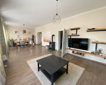 Gemütlicher Wohn-Essbereich mit Holzboden, Kaminofen und modernen Regalen an der Wand.