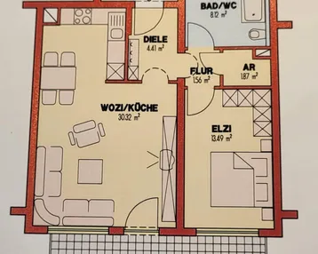 Detaillierter Grundriss einer Wohnung mit Wohnküche, Schlafzimmer, Bad und großem Balkon.