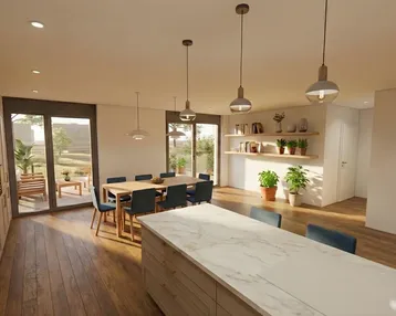 Heller offener Wohn- und Essbereich mit moderner Küche, Holzboden und Zugang zur Terrasse.