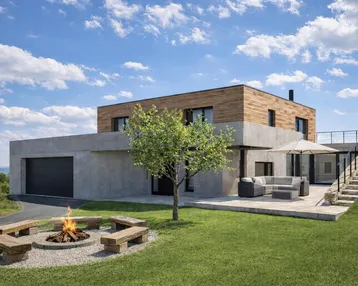 Modernes Haus mit Holzfassade, großer Terrasse, Feuerstelle und integrierter Garage.