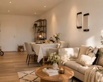 Helles, modern eingerichtetes Wohn- und Esszimmer mit Holzboden und gemütlicher Atmosphäre.