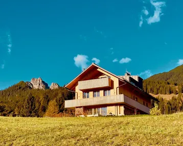 Modernes Holzhaus in alpiner Landschaft mit Bergblick und grüner Wiese.