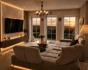 Modernes Wohnzimmer mit indirekter Beleuchtung, großem Sofa und weitem Ausblick in die Natur.
