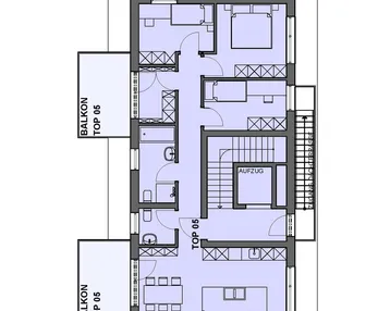 Grundriss der Wohnung TOP 05 mit offenem Wohnbereich, zwei Balkonen und Aufzugzugang.
