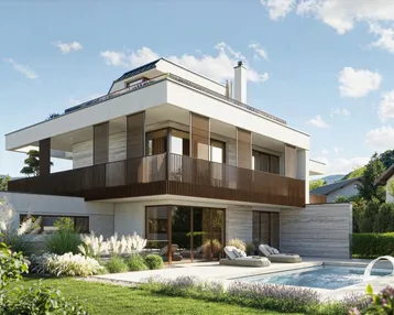 Moderne Villa mit großem Garten, privatem Pool und sonniger Terrasse für entspannte Stunden im Freien.