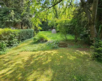 Großer, gepflegter Garten mit viel Grün, Bäumen und einem kleinen Gartenhaus.