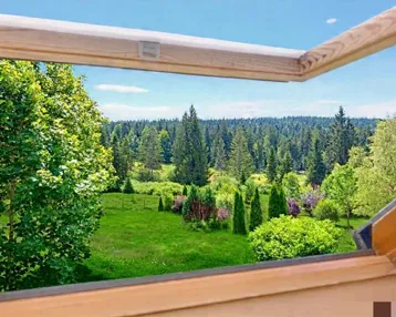 Blick aus einem Dachfenster auf eine weite grüne Landschaft mit Wald und Bäumen.