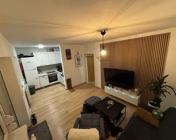 Offener Wohnbereich mit integrierter Küche, Holzlattwand und hellem Laminatboden.