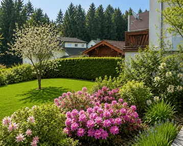 Gepflegter Garten mit blühenden Sträuchern, Rasenfläche und Blick auf die umliegende Natur.